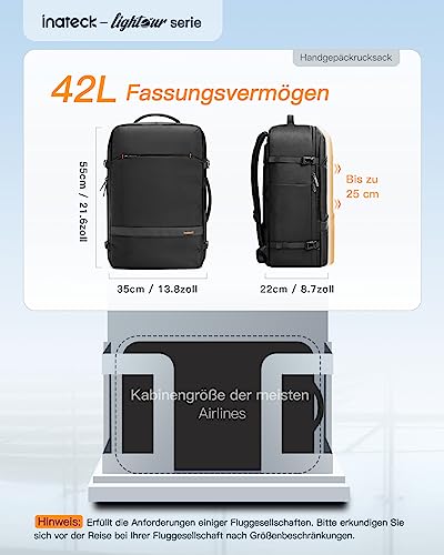 Inateck 42L Supergroßer Handgepäck Reiserucksack Flugzeug Laptop Rucksack für 15,6 Zoll Notebooks, Flug Genehmigt Kabinenrucksack für Weekender