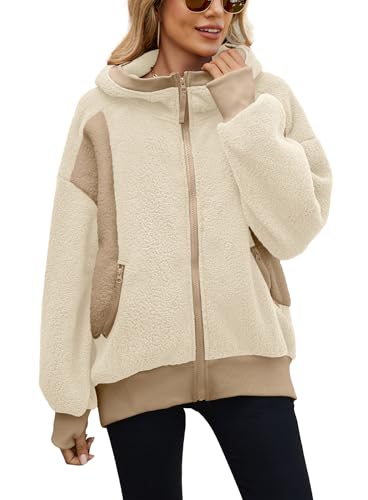 Yanekop Womens Oversized Sherpa Jacket Cozy Color Block Fleece Jacket Fuzzy Zip Up Hoodies Outerwear with Pockets