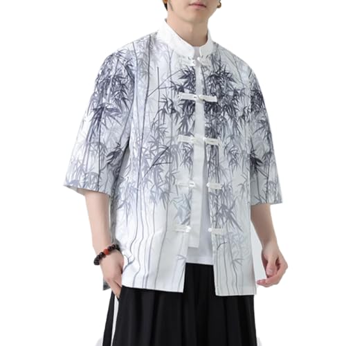 HZCX FASHION Mens Chinese Traditional Printed Tang Shirts Frog Button Down Kong Fu Short Sleeve Jacket(White,XX-Large)