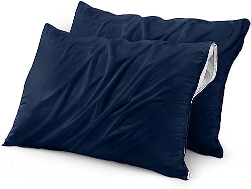 Utopia Bedding Waterproof Pillow Protector Zippered (2 Pack) Queen Navy – Bed Bug Proof Pillow Encasement 20 x 28 Inches