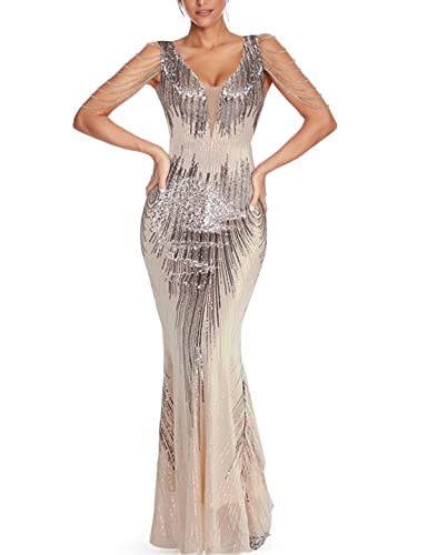 Image of Women 1920s Plus Size Formal Dress Tassels Sleeve Sequins Gatsby Maxi Evening Gown