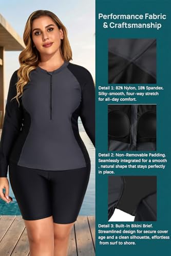 Image of Daci Women 2 Piece Plus Size Long Sleeve Rash Guard Zip Front Athletic Bottom Tankini Swimsuits UPF 50 | Two piece,Tummy Control,High Waist,UPF 50+,Half Zipper Swim Shirt,Athletic,Sporty,Built-in Bra,Built-in Briefs
