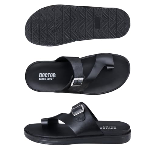 Image of DOCTOR EXTRA SOFT Men's Classic Casual Original Leather Thong Black /Brown Sandals /Chappals with Memory Foam Cushion| Stylish & Non-Slip|Comfortable | Lightweight |Flip flops Slippers Gents & Boys F-1