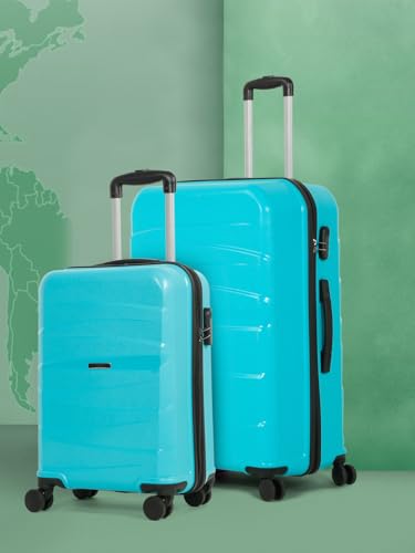 Image of Teakwood Small-Medium Size 8 Wheels Trolley Bag, Hard Cabin with Zipper Closure, Adjustable Push Button & TSA Lock System 360 Degree (Set of 2, Aqua Green)