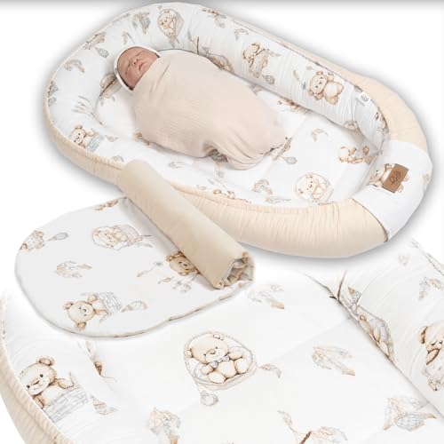 PaLulli Nido extra grande para bebés de 100 x 60 cm, juego con inserto extraíble de algodón, nido de peluche reversible para bebés, hecho a mano, transpirable y seguro (oso beige)