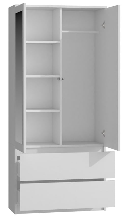 BDW Armario con espejo, 90 x 180 x 50 cm, 2 cajones, 4 estantes, ideal para un dormitorio, pasillo, habitación infantil u oficina, perchero, perchero (blanco)