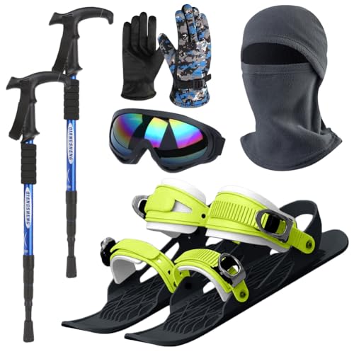 6 Pcs Mini Short Ski Skates Set for Snow with Trekking Poles Gloves Goggles and Ski Mask Portable Short Mini Skating Ski Shoes for Women & Men Outdoor Winter Snow Sports