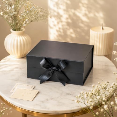 Image of Kura by Ekhasa Foldable Large Multipurpose Gift Hamper Box (21.5 x 21 x 9.5 cm) with Magnetic Closure & Ribbon | Black Rigid Cardboard Empty Reusable Packing Box | Birthday, Wedding & Festive Gifting
