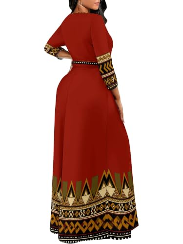 Image of Plus Size Maxi Dress for Women V Neck 3 /4 Sleeve Wrap Dress