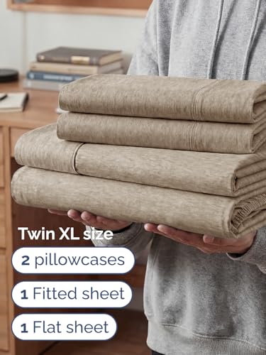 Image of Extra Deep Twin XL Sheet Set - 4 Piece Cooling Bed Sheets - Heathered Beige | Hotel Luxury Bed Sheets Set, Easy & Secure Fit, Ultra-Soft, Wrinkle & Fade Free, Comfy Sheets Set with Extra Deep Pockets