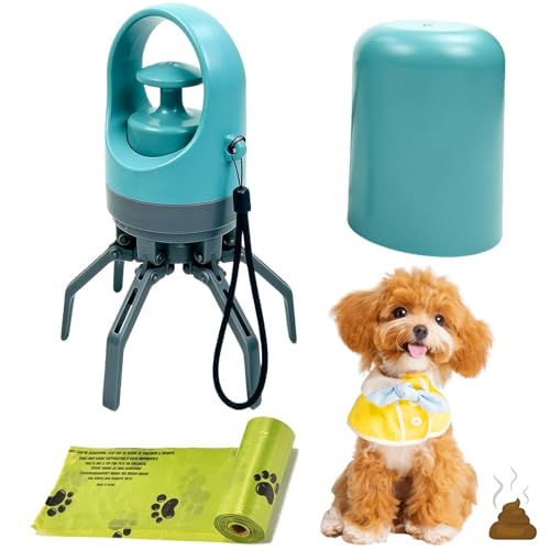 xoqoiuo 1 PCS Dog Pooper Scooper and 1 Roll Dogs Poop Bags, Six Claws Pooper Scoopers and 15 Pieces per Roll Poops Bags, Portable Dog Poop Scoopers No Touch Poo Scooper for Dogs for Outdoor Use