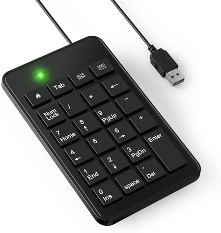 CBUS Wired USB-A Numeric Keypad for Laptop, 23 Keys Numpad Keyboard with Tab, Home, Email & Calculator Keys, 5ft Cable, Small and Lightweight Design