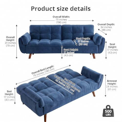 Image of Tarantino 3-Seater Convertible Sofa Cum Bed | Modern Tufted Upholstered Folding Sleeper Sofa for Living Room | High-Density Foam Comfort | Space Saving Couch Bed for Home (Blue)