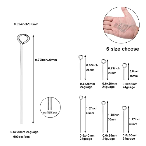 Dadifen 304 Stainless-Steel Eye Pins For Jewelry Making Silver Head Pins 24 Gauge 0.6X20Mm 600Pcs/Box Open Eye Pins For Diy Making Earring Necklace Bracelets Dangle Charm Jewelry Findings Eyepins #TOP1