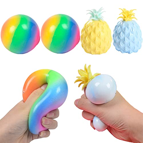 4 Pack Colorful Pineapple Squishy Stress Ball Fidget Sensory Toy for Stress Relief, Squeeze Ball Fidget Stress Balls Toys Set for Adults (2 Rainbow Squeeze Ball + 2 Pineapple Stress Ball)