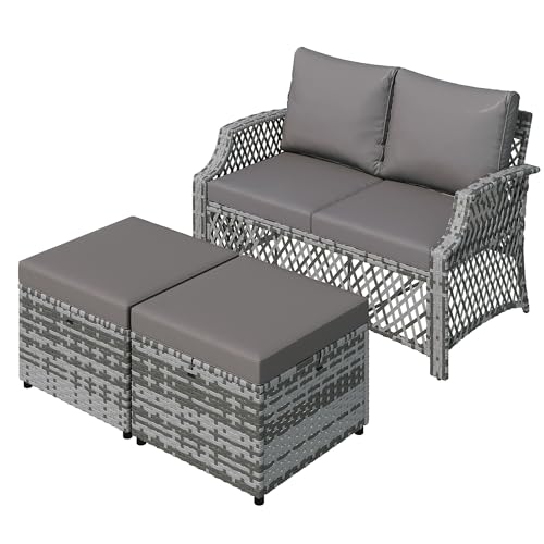 Image of HOMREST 3 Piece Patio Loveseat Set, Outdoor Wicker Sofa with 2 Ottomans & Cushions, All-Weather PE Wicker Patio Furniture for Porch, Poolside, Garden & Deck(Gray) | Outdoor Wicker Sofa