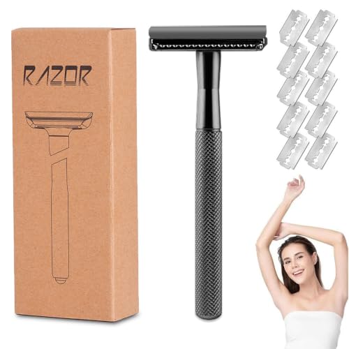 LBOYLOVE Double Edge Safety Razor Single Blade Razors for Women with 10 Platinum Coated Safety Razor Blades 1 Blade Razors Anti-slip Handle Metal Material Reusable (Black)