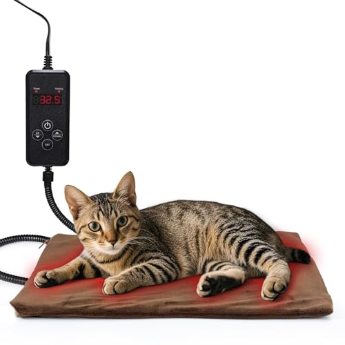 AUPETEK ペット用ホットカーペット 温度調節 タイマー機能 猫ヒーターマット 犬 小動物用 40*30cm 暖かい 暖房器具 噛みつき防止保護管 過熱保護 漏電防止 難燃性 カバー 冬 寒さ対策 ブラウン S