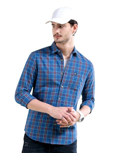 Image of The Indian Garage Co Men Slim Fit Checkered Full Sleeves Spread Collar Cotton Casual Shirt