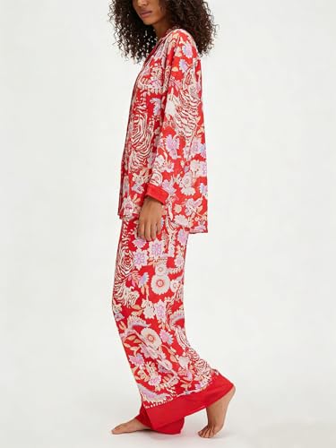 Image of Women Satin Pajama Set Floral Silk Pajamas 2 Piece Lounge Sets Button Down Shirts Wide Leg Pants Pjs Sleepwear