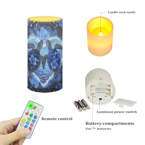 Image of Poceacles Sea Turtle Flickering Flameless LED Battery Candles Pillar Candles Tealight with 18-Key Timer Remote with Colorful Light for Indoor Outdoor Home Decoration, Blue Sea Turtle Hibiscus