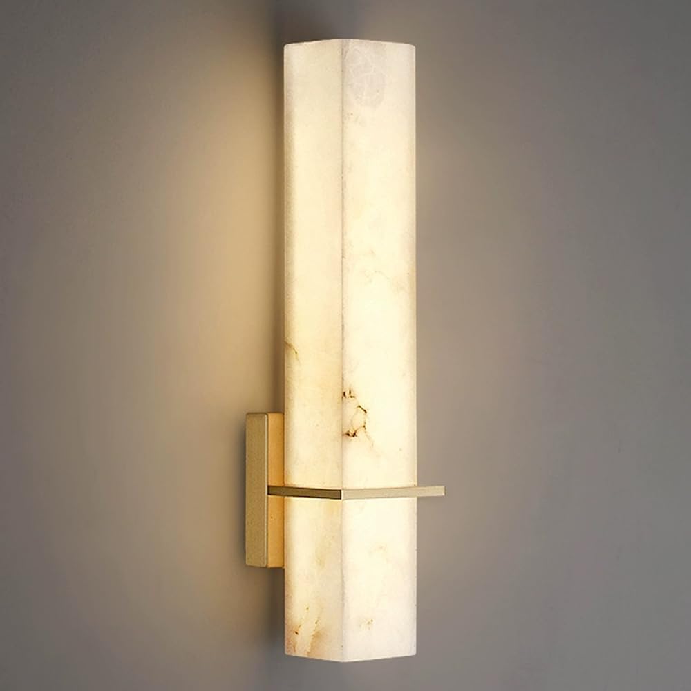 HPTHLY Natural Alabaster Sconce Wall Light Marble Wall Lamp Long Square Stone Vanity Light Fixture Brass Gold Wall Mount Light For Living Room Bathroom Bedroom Stairw(1Pack)