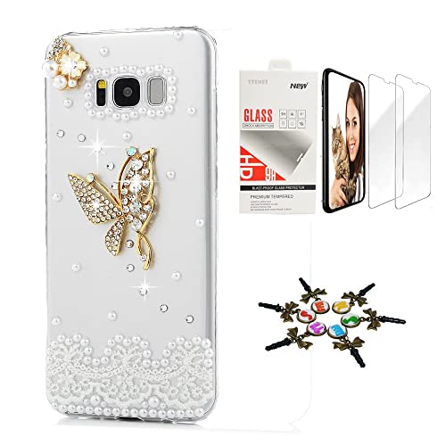 STENES Sparkle Case Compatible with Samsung Galaxy A42 5G Case - Stylish - 3D Handmade Bling Lace Butterfly Floweres Design Cover Case with Screen Protector [2 Pack] - Gold