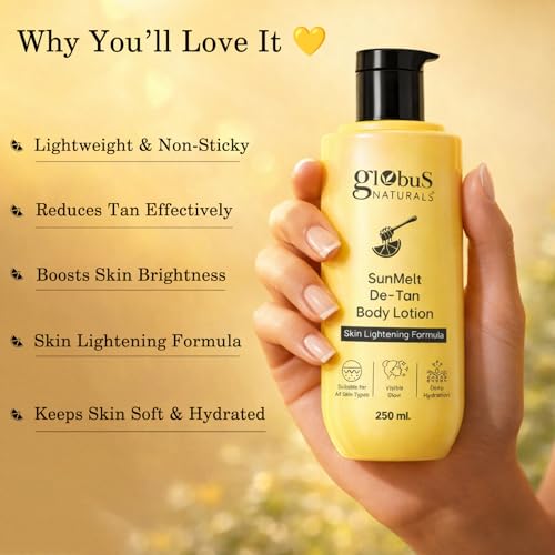 Image of Globus Naturals SunMelt De-Tan Body Lotion - Skin Brightening & Tan Removal with Honey, Lemon & Vitamin E | Deep Hydration & Glow | for All Skin Types | 250 ml