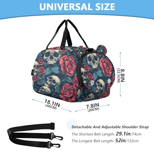 YETTASBIN Sport Travel Duffel Bag for Girls Boys, Skull Flower Large Waterproof Weekender Overnight Bag, Detachable Shoulder Strap Gym Bag with Shoe Compartment & Wet Pocket3