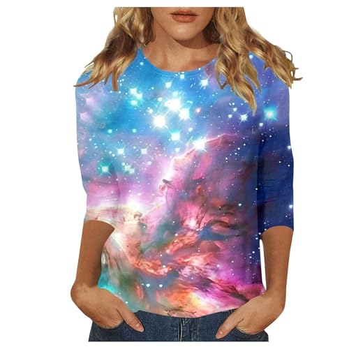 Elegante parte superior con mangas cuartos para mujer con estampado de galaxia, blusa corta de moda con estampado cósmico para el tiempo libre, camiseta de mujer de gran tamaño, azul, XL