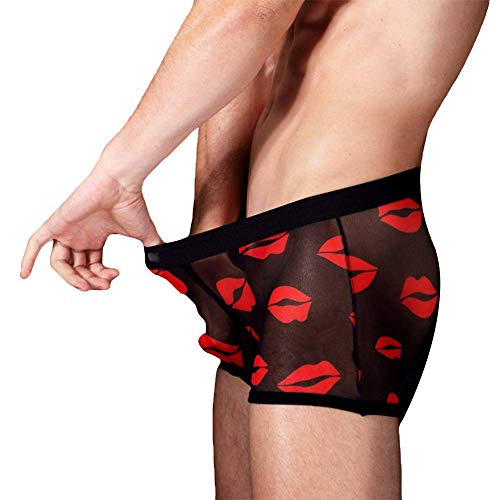 Men's Sexy Mesh Boxer Briefs Hot Lip Transparent Lingerie Red Heart Print Mesh Transparent Bulge Pouch Underpants(43Black2pcs,M)