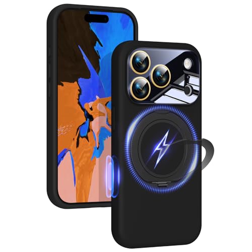 Image of Silicone 360 Spin Magnetic Stand Case for iPhone 17 Pro, [Compatible with Mag-Safe][Reinforced Hard Camera Protection] Liquid Silicone Rubber Phone Case Cover with Ring, Camera Button, Jet Black