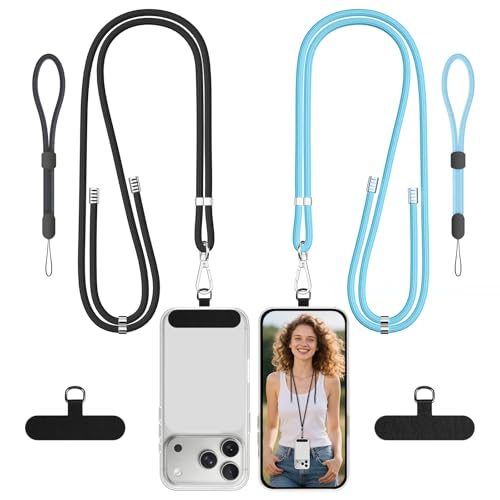 Phone Lanyard Crossbody, SHANSHUI Adjuatable Long & Wrist Nylon Cell Phone Lanyard Tether Pads Compatible for iPhone & All Mobile Phones - Black Blue