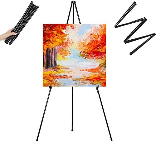 REALWAY 63" Folding Easel Stand for Display,Adjustable Floor Poster Easel for Arts,Pictures,Paintings,Telescoping Black Metal Easel Fit for Signs at Exhibition,Lobby,Holds 5lbs,1Pack