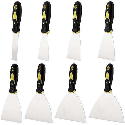 CHUEHKAK Juego de 8 espátulas de acero inoxidable, espátula de pintor con mango de plástico, herramientas para paneles de yeso inoxidables para la eliminación de papel pintado, trabajos de pared