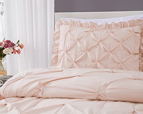Chezmoi Collection Aria 3-Piece Pinch Pleat Pintuck Ruffle Skirt Bedspread Set - French Country Chic Farmhouse - Queen, Blush #TOP3