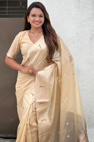 Image of SGF11 Women's Organza Kanjivaram Pure Soft Silk Handloom Saree Pure Golden Zari With Blouse Piece