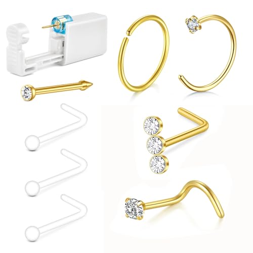 QWALIT Gold Nose Ring Piercing Kit - Self Piercing Kit at Home with Disposable Nose Piercing Gun
