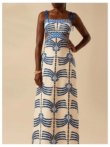 Image of SOLY HUX Women's Summer Maxi Dress Boho Print Tie Shoulder Spaghetti Strap Cut Out Tie Back Cami Dresses Sundress