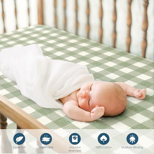 Image of GRSSDER 100% Cotton Muslin Crib Sheet 2 Pack - Breathable & Ultra-Soft Fitted Crib Sheets for Standard Baby & Toddler Mattresses, 52 inchx28 inch with 9 inch Deep Pocket, Snug Fit All-Around Elastic