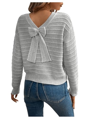 Image of MakeMeChic Women's Bow Sweater Tie Back Long Sleeve Crew Neck Knitted Sweater Pullover Tops Grey Small