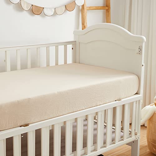 Posenpro Muslin Fitted Cotton Crib Sheets For Baby Boys Girls, Solid Color Toddler Bed Sheets For Standard Crib And Toddler Mattresses, 28"X52"X8", Beige #TOP6
