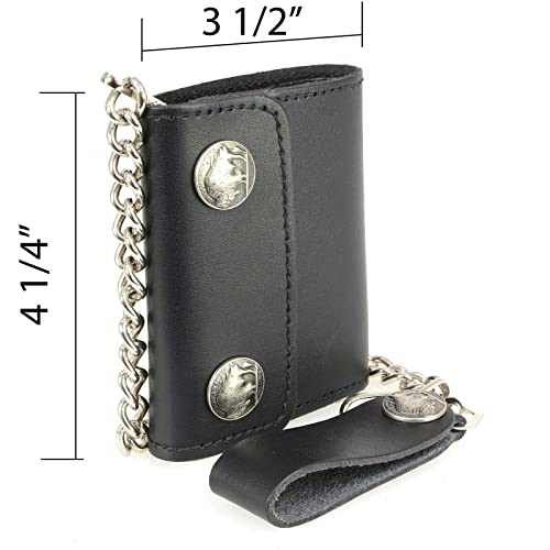 Milwaukee Leather MLW7821 Men's 4” Leather Biker Tri-Fold Wallet w/Buffalo Nickel Snaps Wallet w/Anti-Theft Stainless Steel Chain - One Size4