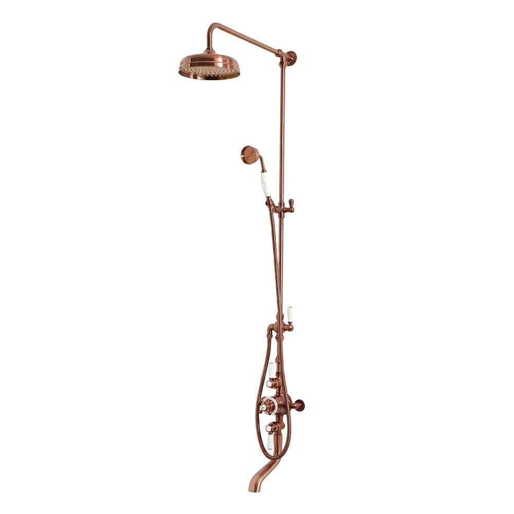 Milano Brushed Copper Elizabeth Rigid Riser Thermostatic Mixer Valve Round Shower Head Handset Bath Spout - Copper