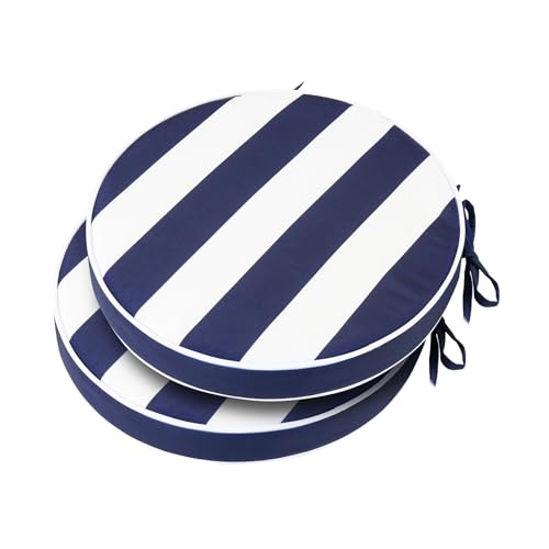 Blytieor Outdoor Bistro Chair Cushions Set of 2, Waterproof 15 inch Round Seat Cushions with Ties for Patio Deck Furniture, Navy Blue Striped