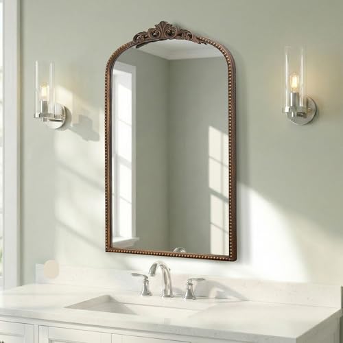 Image of Micasso Traditional Arch Mirror, 31"x 19" Bronze Decorative Mirror with Metal Frame, Wall Mounted Mirror for Bathroom Bedroom Living Room Entryway, Home Wall Decor