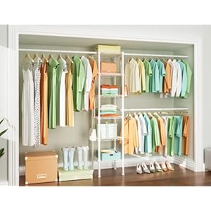 Ulif M1 Closet Storage Organizer System, 6 Tiers Heavy Duty Metal Garment Rack with 3 Expandable Hanger Rods, Wall Mounted Space Saver Suits from 5.4-8.7 ft. Width, 71.2”H x 14”D, 700LBS, White Ulif M1 Closet Storage Organizer System 6 Tiers Heavy Duty Metal Garment Rack with 3 Expandable Hanger Rods Wall Mounted Space Saver Suits from 54 87 ft Width 712H x 14D 700LBS White