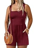 Eytino Women Plus Size Overalls Jumpsuit Summer Square Neck Sleeveless One Piece Short Romper with Pockets,2X Red