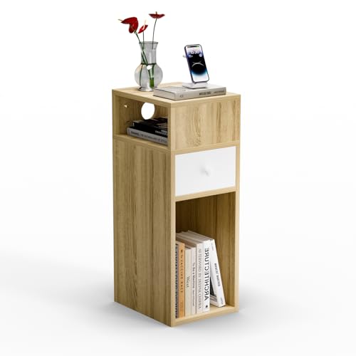 VOUNOT® Mesita de Noche Estrecha con 2 Compartimentos Abiertos y 1 Cajón 25x30x66cm, Mesilla de Noche Pequeña Estilo Moderno, Mesa Auxiliar Alta de Madera para Dormitorio, Salón, Sala de Estar Natural