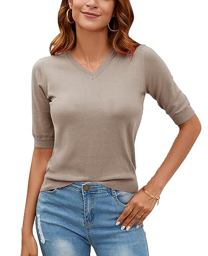 Image of Women Summer Knit Shirt Blouse V Neck Short Sleeve Pullover Sweater Tops